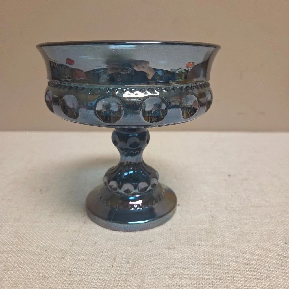 Indiana Blue Carnival Glass Kings Crown Thumbprint Pedestal Compote Candy Dish